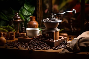 An ancient coffee mill stands on the table, scattered coffee beans, a cup next to it, wooden dishes, greens - 772207290