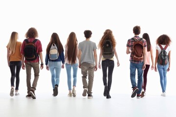 Obraz premium A cheerful group of young friends with backpacks walk together.