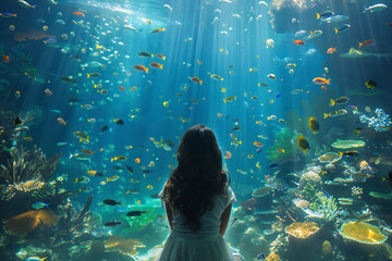 In the silhouette, a girl watches oceanic life in the aquarium's deep blue waters.