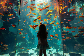 A young girl stands captivated by enormous golden fish in an aquarium's underwater world.