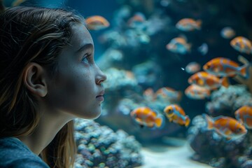 A curious teen observes colorful coral and fish in an aquarium.