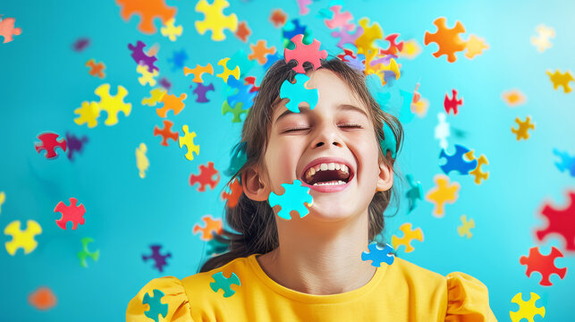 World Autism Awareness Day banner, portrait of a laughing  child face and multicolored color puzzle