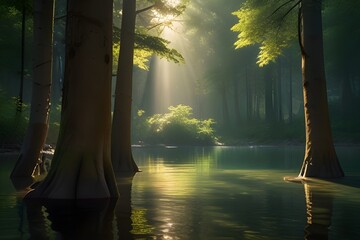 A tranquil forest scene captures the beauty of nature as the sun's rays filter through the water,...