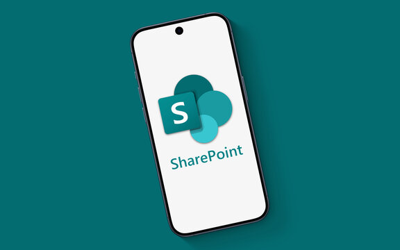 Microsoft Sharepoint logo is displayed on a modern smartphone, collaboration Microsoft 365, team management, file sharing, organization, one drive, cloud