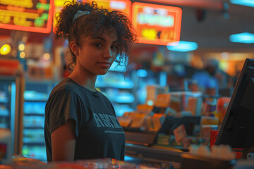 young man girl buys groceries at a self-service checkout in a store, modern self-service checkouts without a cashier - obrazy, fototapety, plakaty
