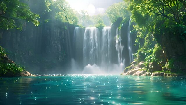 Picturesque view of waterfall flowing through rocky mountains near river under green aurora magical landscape summer surrounding with sunlight shining trough. . Amazing view 4k video