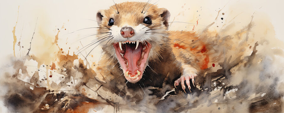 Watercolor painting of a playful ferret or weasel