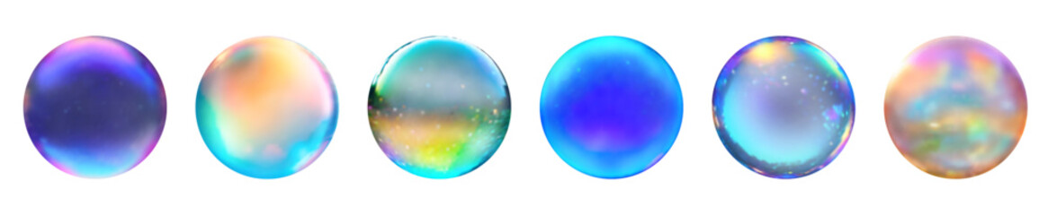 Set of 6 brightly colored isolated vector transparent 3d soap bubbles on transparent background background.
