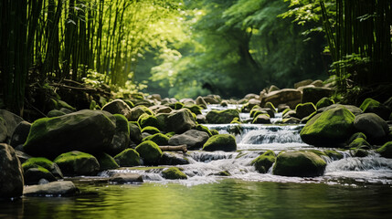 Fototapeta premium Lush Bamboo Forest Stream with Mossy Rocks and Cascades