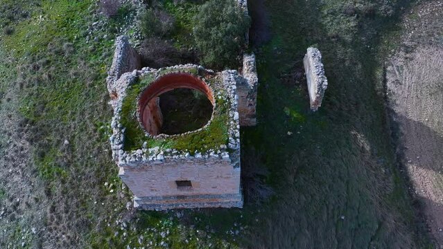 Aerial view from a drone of the ruins of the Virgen del Val hermitage in Piquera de San Esteban in the Tierras del Burgo region. Province of Soria. Castile and Leon. Spain. Europe