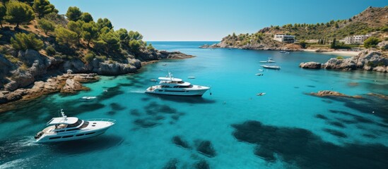 Aerial view of turquoise water bay with luxury yachts and sailboats - obrazy, fototapety, plakaty