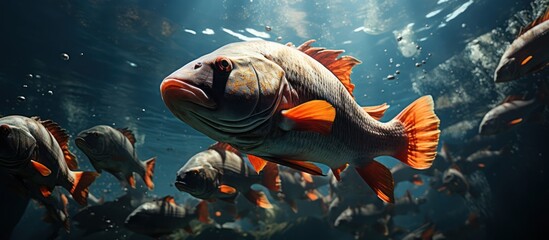 a collection of fish under deep sea water - obrazy, fototapety, plakaty