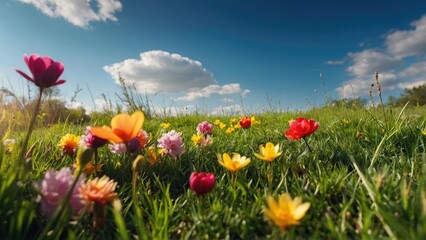 Obraz premium Colorful flower and grass landscape background, Beautifully blurred background image of spring nature with a neatly trimmed lawn surrounded by trees against a blue sky with clouds on a sunlight