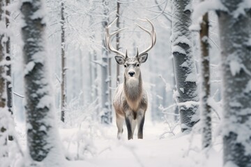 Silent Reindeer snowy forest. Forest snow cold season outdoor. Generate Ai