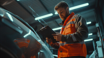 Inspector with Clipboard Examining Vehicle. Focused vehicle inspector wearing a high-visibility vest takes notes on a clipboard while examining a car in a well-lit garage.