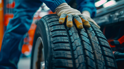 Mechanic Checking Tread on Vehicle Tire. Close-up of a professional mechanic inspecting the tread of a new car tire in an auto repair shop. - obrazy, fototapety, plakaty