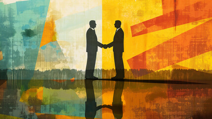 Abstract Art of Businessmen Handshake Silhouette. Silhouetted figures of two businessmen shaking hands merge with an abstract, colorful forest landscape, symbolizing eco-friendly business agreements. - obrazy, fototapety, plakaty