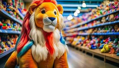 Photograph of a cute, stuffed lion toy in the front a toy store. Soft, plush. Bright, colorful toys fill the shelves in the background. Film. Cinematic. AI Generated - obrazy, fototapety, plakaty