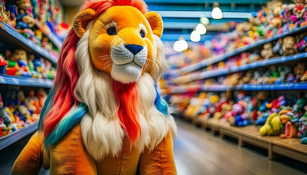 Photograph of a cute, stuffed lion toy in the front a toy store. Soft, plush. Bright, colorful toys fill the shelves in the background. Film. Cinematic. AI Generated