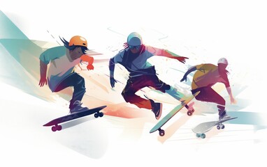 Fototapeta premium Wide angle view of skaters. high energy. illustration. White background 