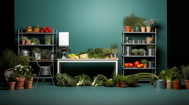 Modern Kitchen Shelving with Fresh Vegetables and Pots