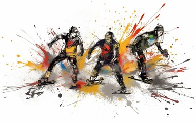 Wide angle view of skaters. high energy. illustration. White background 