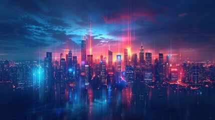 Cityscape on dark blue background with bright glowing light. Technology city background