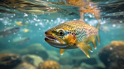 Close-up shot predatory fish salmon trout in habitat under water. Sport fishing concept