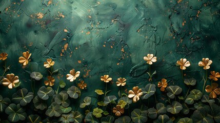 A velvet green background decorated with gold leaf clover and small spring flowers.  - obrazy, fototapety, plakaty