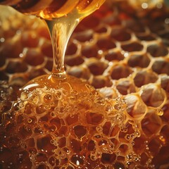 Freshly harvested honeycombs brimming with amber-colored honey, ready to be savored.  - obrazy, fototapety, plakaty