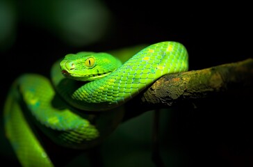 Fototapeta premium Closeup of the Green Snake Coiled on Its Branch, with Dark Background and Backlighting