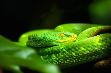 Obraz premium Closeup of the Green Snake Coiled on Its Branch, with Dark Background and Backlighting
