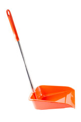 A red dustpan with a metal handle isolated on white background