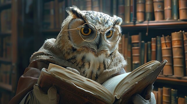An ultra high-definition image of an owl wearing glasses, engrossed in a book, provides a whimsical yet intellectual theme, ideal for educational and literary concepts.