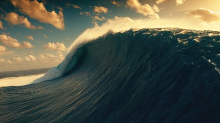 An imposing wave at sunset with golden light.