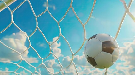 Soccer ball in the net against a blue sky.