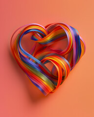 Vibrant Rainbow Ribbon Heart,3d rendering of a heart shape made of colorful ribbons. - obrazy, fototapety, plakaty
