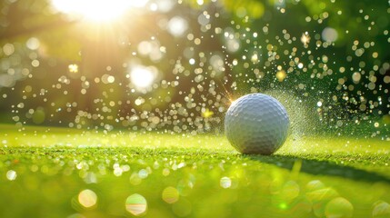 Fototapeta na wymiar Golf ball on the grass with the sun shining through the trees.