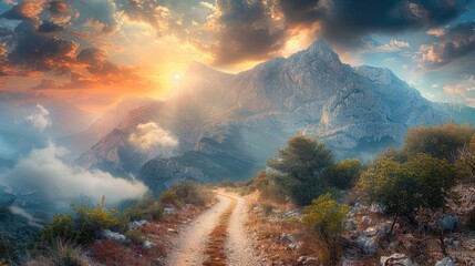 Sunset over a mountainous landscape with a path leading into the distance. - obrazy, fototapety, plakaty