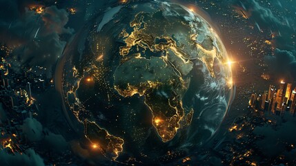 Earth's vibrant cities, interconnected by advanced technology and the internet, form a glowing globe. This globalization fosters communication and unites people worldwide.