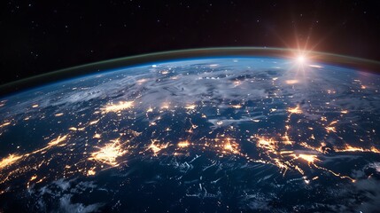 Earth's vibrant cities, interconnected by advanced technology and the internet, form a glowing globe. This globalization fosters communication and unites people worldwide. - obrazy, fototapety, plakaty