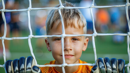 Young soccer goalkeeper with a determined look through the goal net. - Powered by Adobe