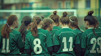 Girls soccer team sitting on a bench with a strategic focus.