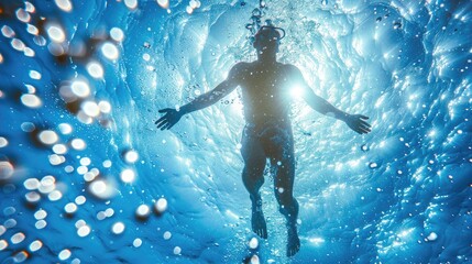 Underwater view of a person diving, surrounded by bubbles and sunlight.