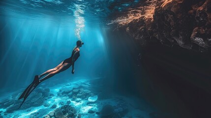 Freediver explores the calm depths of a sunlit underwater world.