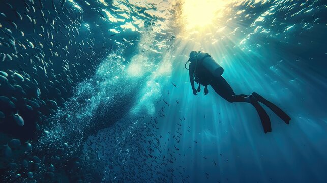 Scuba diver with bubbles ascending amidst a school of fish.
