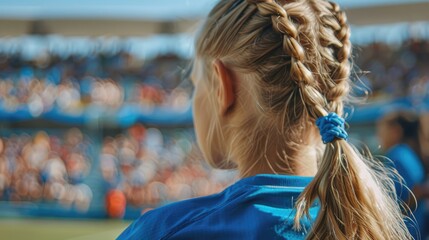 Young female soccer player looking on from the field.