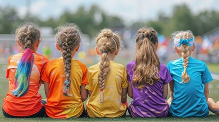 Back view of a line of colorful young soccer players sitting.