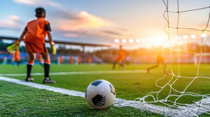 Focused goalkeeper in orange uniform preparing for soccer match at sunset.