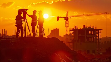 Construction workers are building houses using construction machines and a theodolite, a device used for measuring angles and distances.